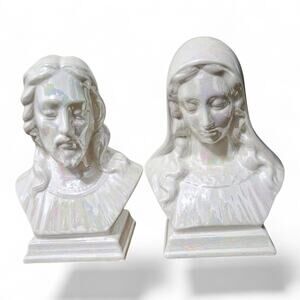 Vintage Holland Mold Jesus & Mary Busts 7" Madonna Ceramic Figurine Religious VG